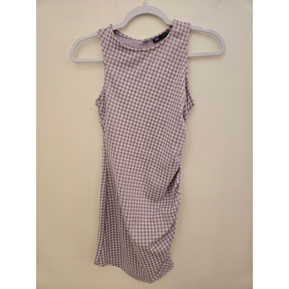 Zara Lavender Gingham Ruched Sleeveless Mini Dress Women's S Side Gathered